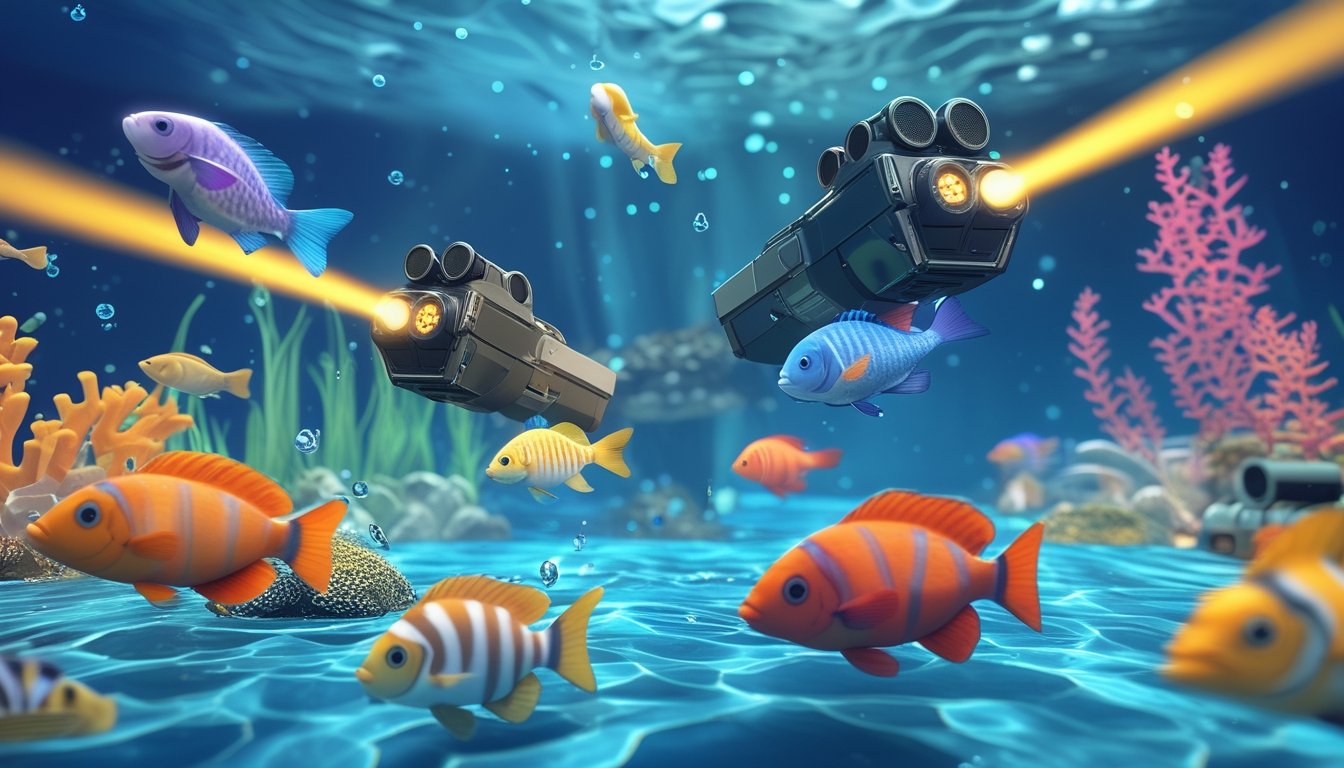 Adegan permainan menembak ikan 2D dengan berbagai ikan berwarna-warni di bawah laut dan senjata pemain yang menembak ikan-ikan tersebut.