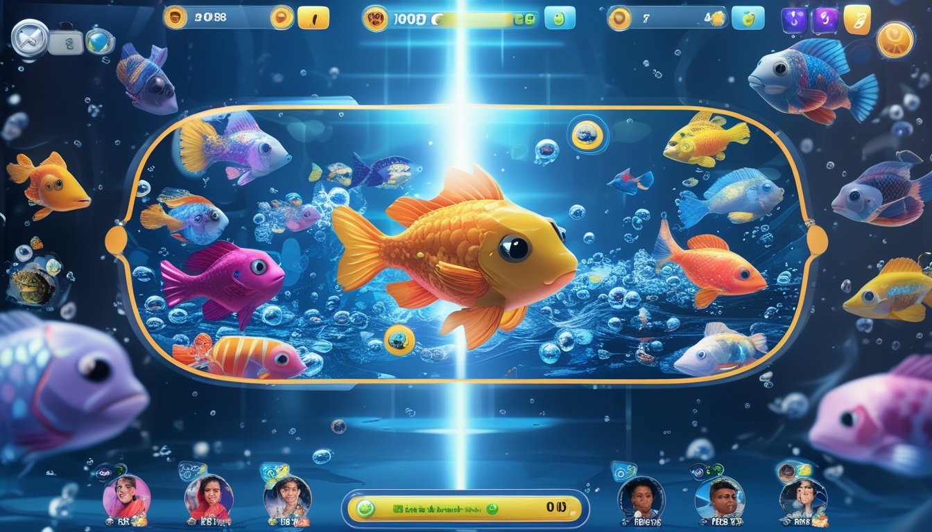 Tampilan layar permainan tembak ikan 2D multiplayer dengan ikan berwarna-warni dan kontrol pemain aktif di sekitar layar.