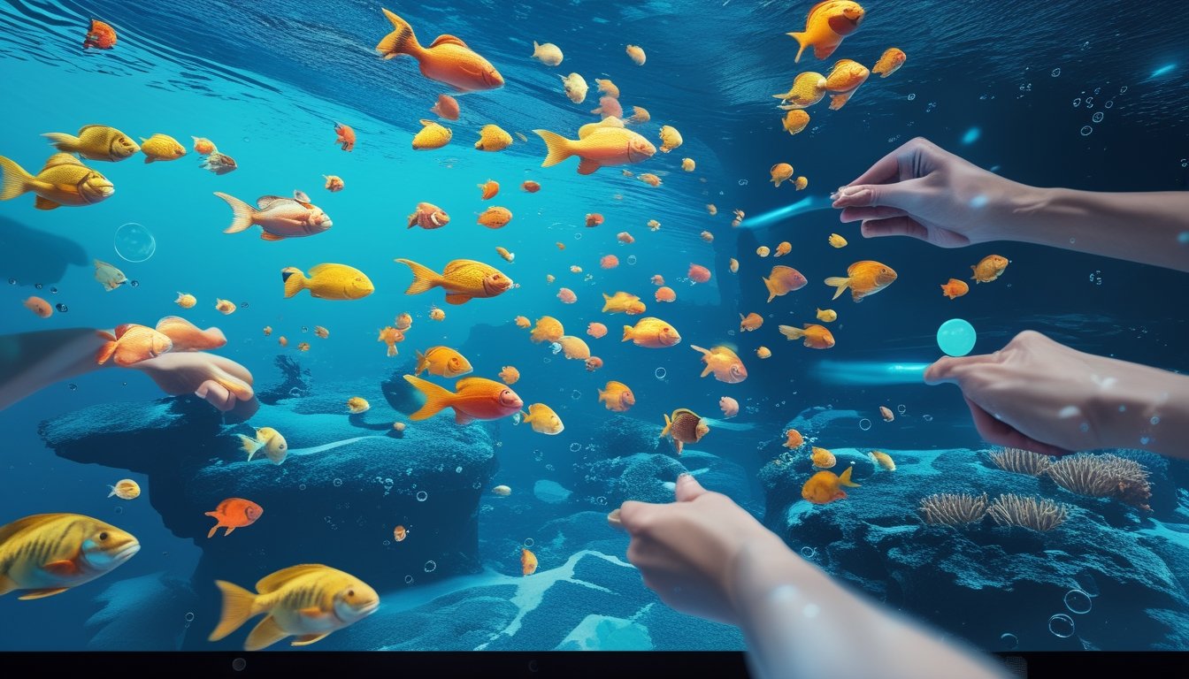 Layar perangkat digital menampilkan permainan menembak ikan 2D dengan ikan berwarna-warni dan beberapa pemain yang sedang bermain secara bersamaan di latar bawah laut.