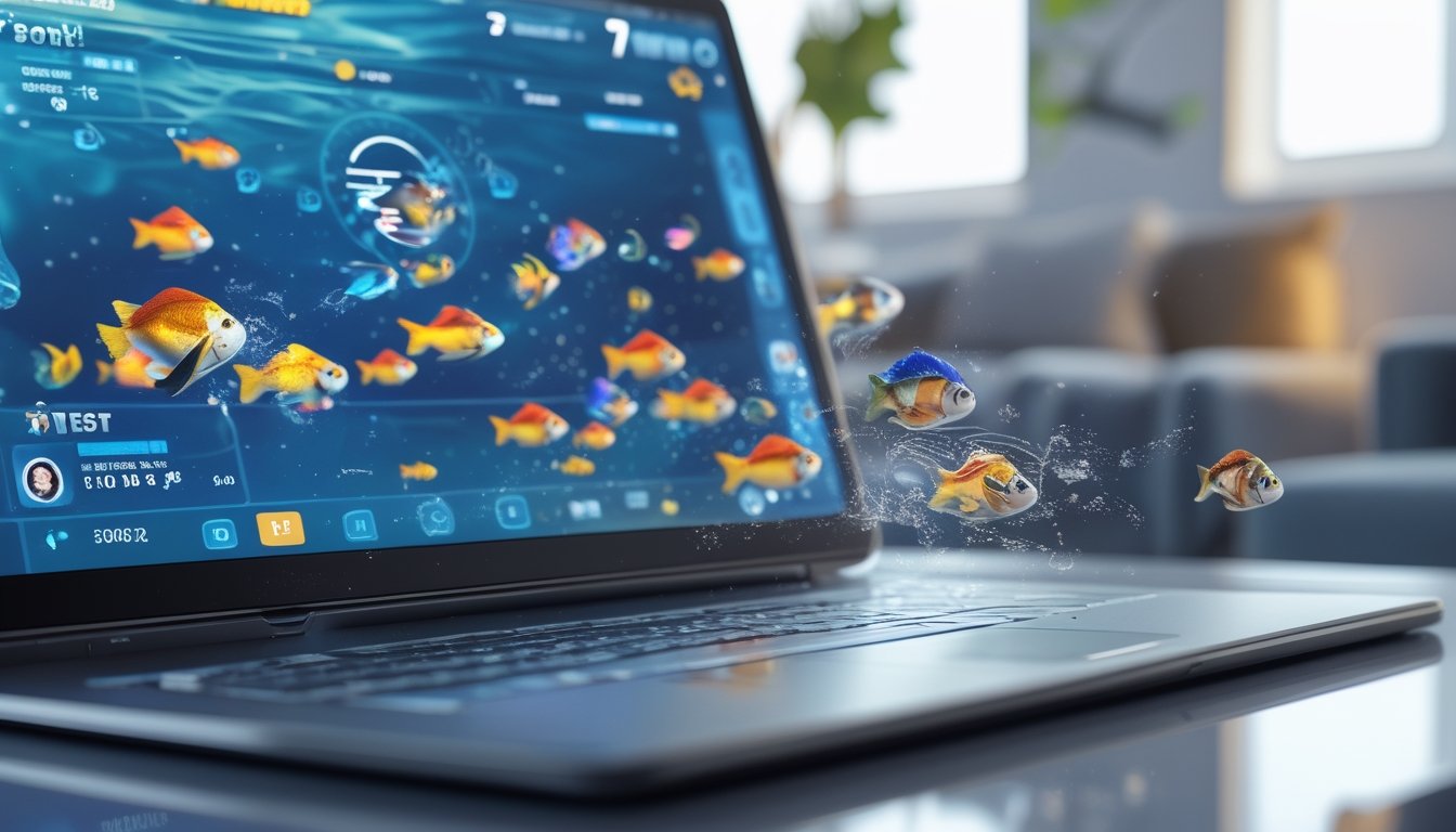 Layar perangkat digital menampilkan permainan tembak ikan 2D dengan ikan berwarna-warni dan elemen permainan lainnya.