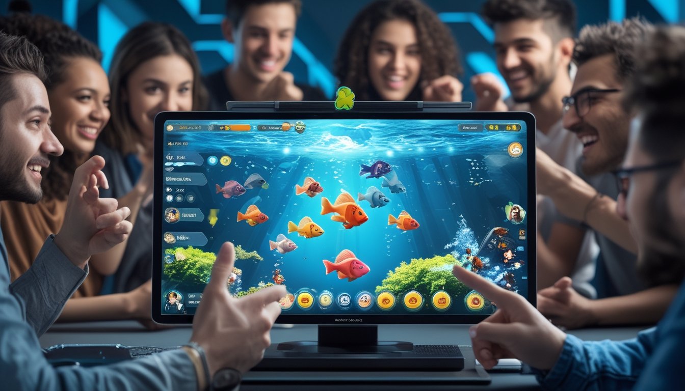 Sekelompok orang bermain game tembak ikan online 2D di perangkat modern dengan latar belakang bawah laut berwarna-warni.