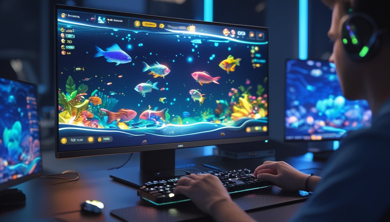 Layar komputer menampilkan permainan tembak ikan 2D multiplayer dengan berbagai ikan berwarna-warni dan tangan pemain yang menggunakan mouse dan keyboard.