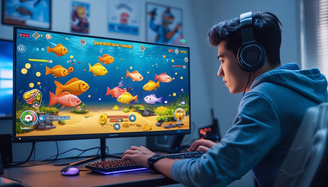 Seorang pemain muda sedang bermain permainan tembak ikan multiplayer 2D di depan komputer dengan layar yang menampilkan ikan warna-warni dan koin di latar laut digital.