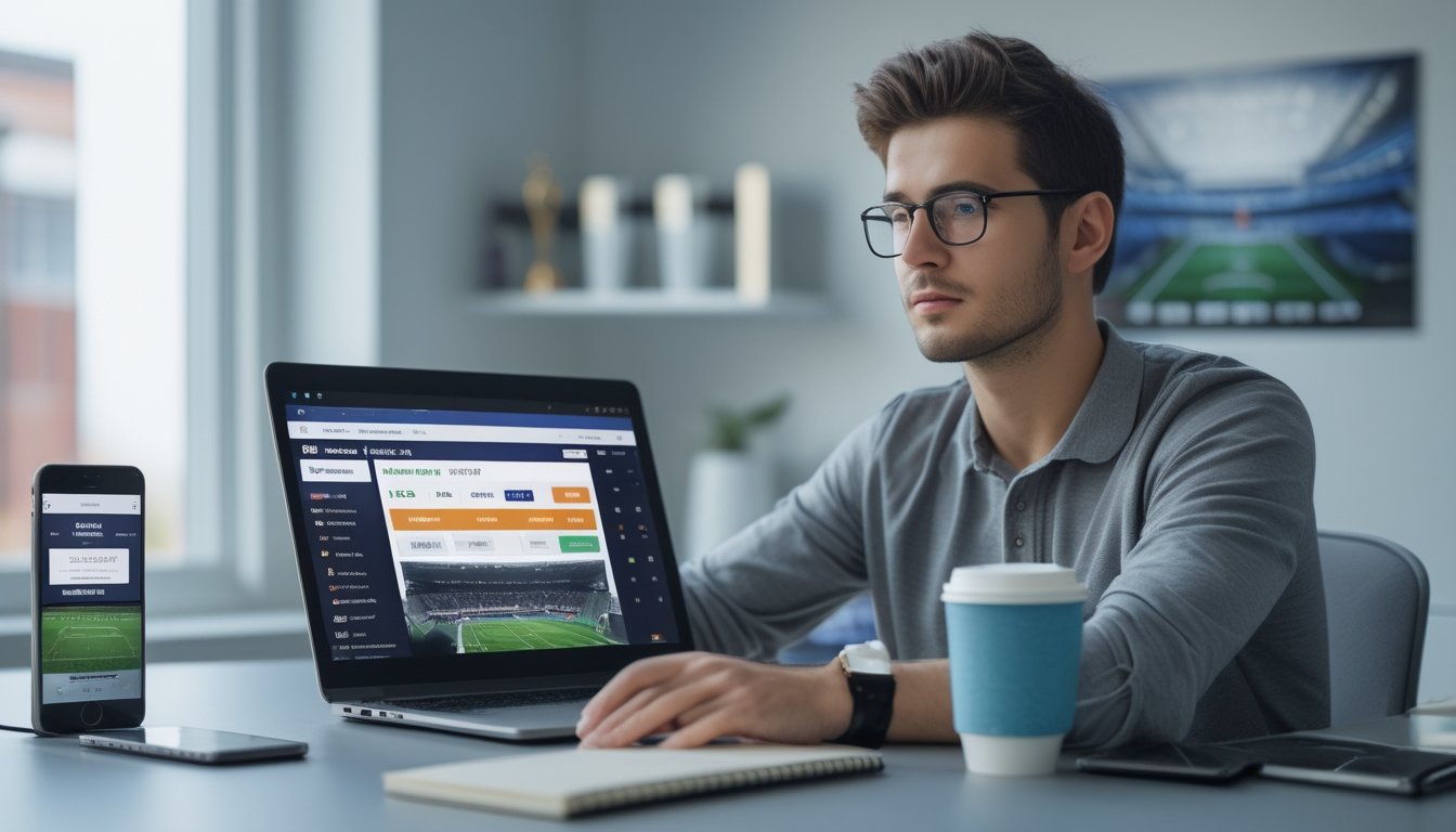 Seorang pria muda duduk di meja dengan laptop dan smartphone, fokus menganalisis taruhan sepak bola online.