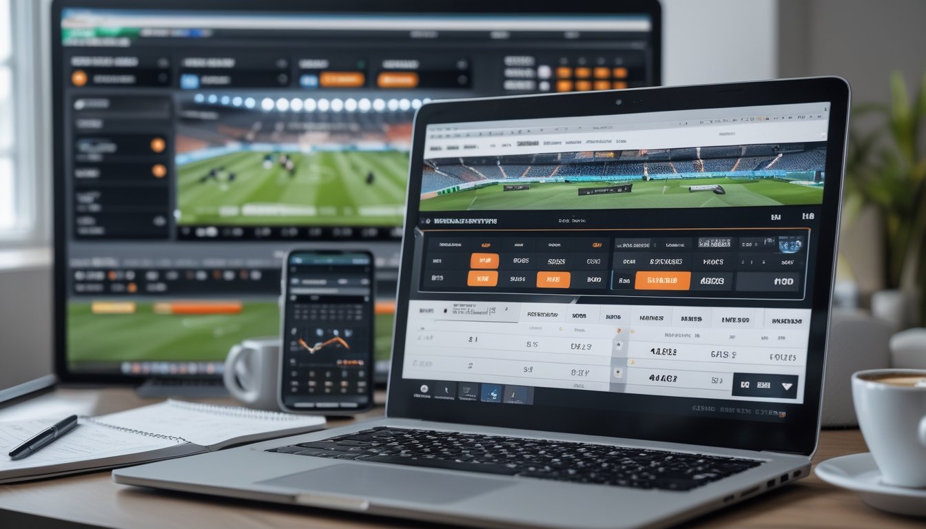 Seorang pria duduk di meja kerja dengan laptop yang menampilkan analisis taruhan sepak bola, di latar belakang layar besar menampilkan pertandingan sepak bola.