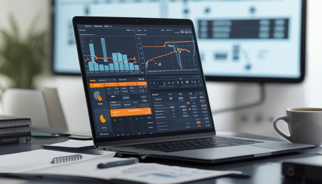Sebuah ruang kerja modern dengan laptop yang menampilkan grafik statistik sepak bola, smartphone dengan aplikasi taruhan, dan papan data pertandingan di latar belakang.