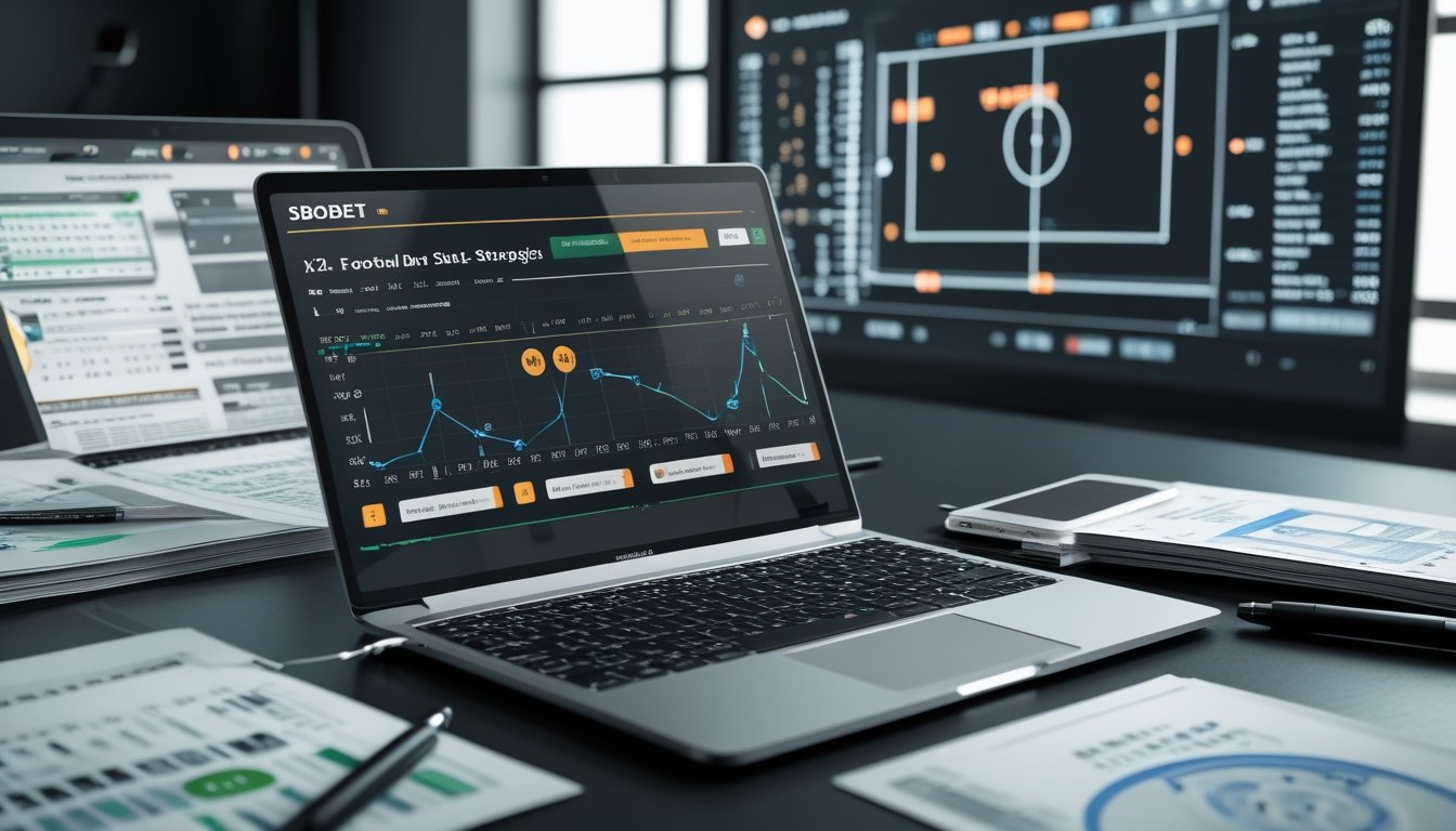 Seorang analis taruhan sepak bola sedang bekerja dengan laptop yang menampilkan grafik statistik dan data pertandingan di meja kerja.