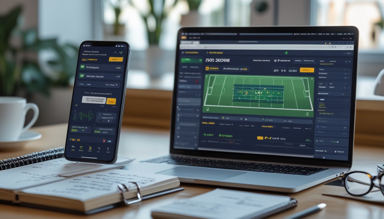 Seorang pria sedang menggunakan laptop dan ponsel untuk melihat prediksi skor dan pasaran taruhan sepak bola secara online di meja kerja dengan kopi dan alat tulis.
