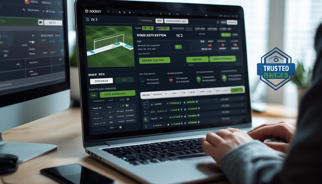 Seseorang menggunakan komputer dengan tampilan layar taruhan olahraga 1X2 yang menampilkan prediksi skor dan peluang taruhan.