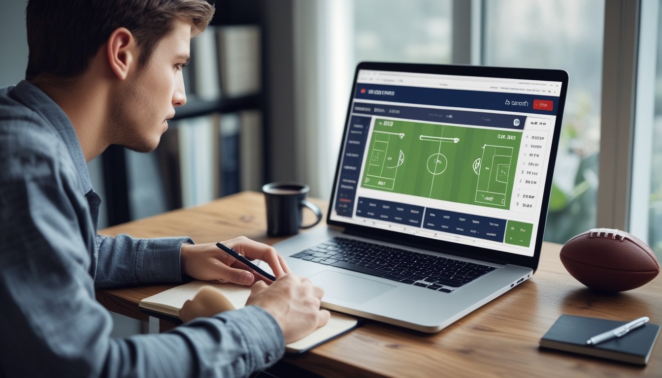 Seorang pria muda sedang fokus melihat layar laptop yang menampilkan peluang taruhan sepak bola 1X2 di sebuah ruang kerja rumah.