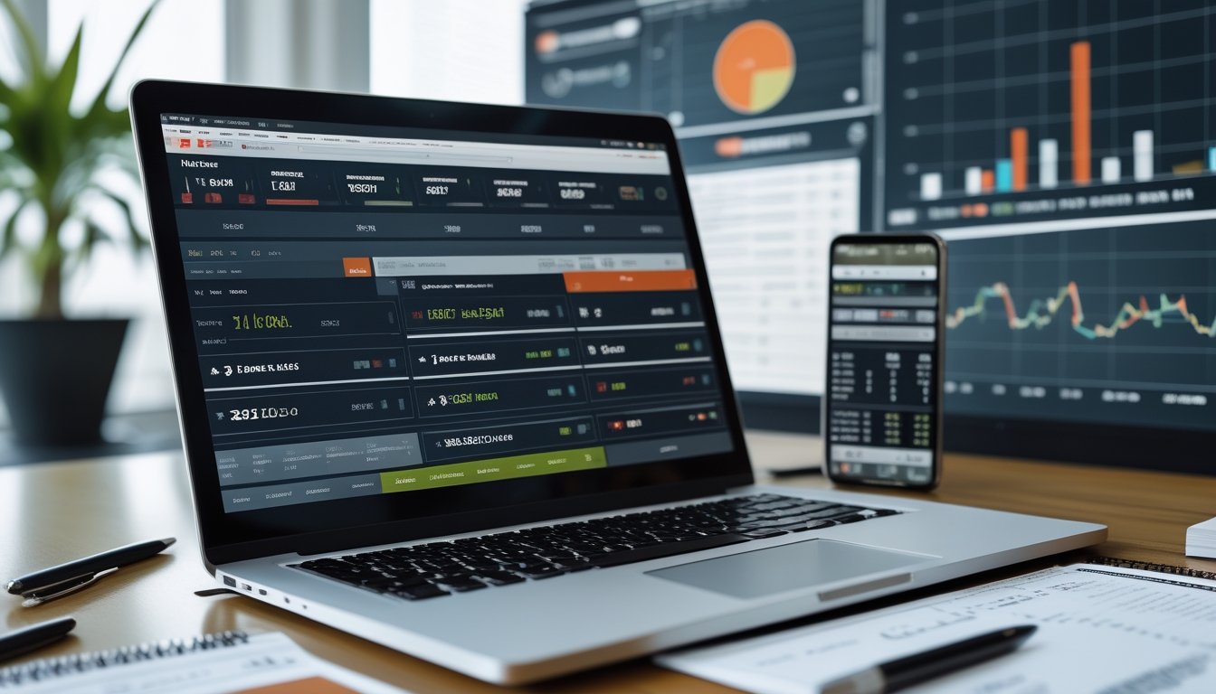 Sebuah meja kerja dengan laptop yang menampilkan tampilan odds sepak bola 1X2, dikelilingi catatan dan ponsel dengan skor pertandingan sepak bola, menunjukkan suasana analisis taruhan sepak bola.