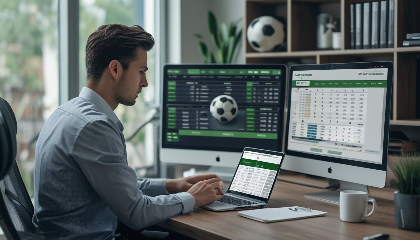 Seorang pria fokus menganalisis strategi taruhan sepak bola online di depan komputer di ruang kerja modern.
