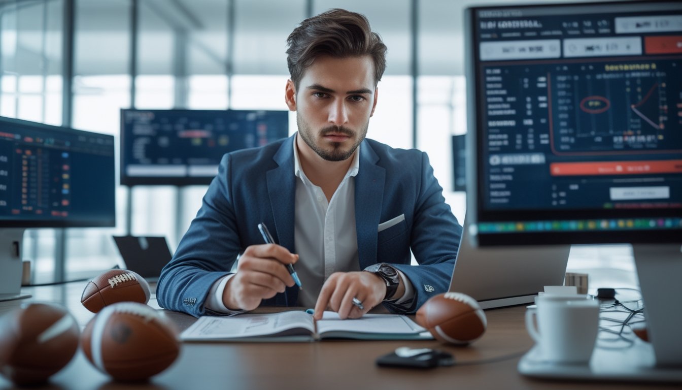 Seorang pria profesional sedang menganalisis data taruhan sepak bola 1X2 di layar digital dalam ruangan kantor modern.