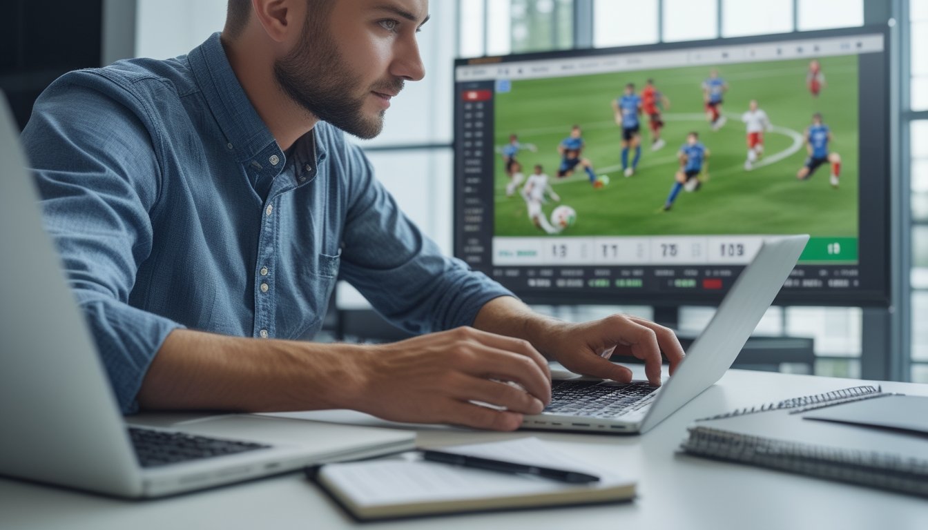 Seorang pria fokus menganalisis peluang taruhan sepak bola di laptop dengan pertandingan sepak bola yang sedang berlangsung di layar televisi di belakangnya.