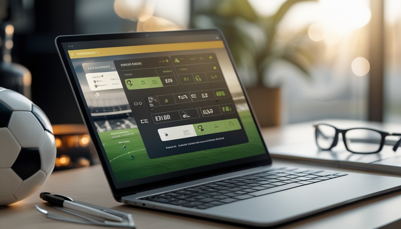 Seorang pria sedang melihat layar perangkat digital yang menampilkan peluang taruhan 1X2 dalam pertandingan sepak bola, dengan bola sepak dan alat tulis di meja.