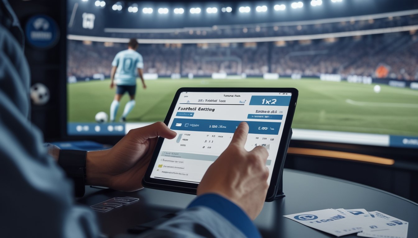 Seseorang menggunakan tablet dengan tampilan taruhan sepak bola 1X2, di latar belakang pertandingan sepak bola langsung di stadion.