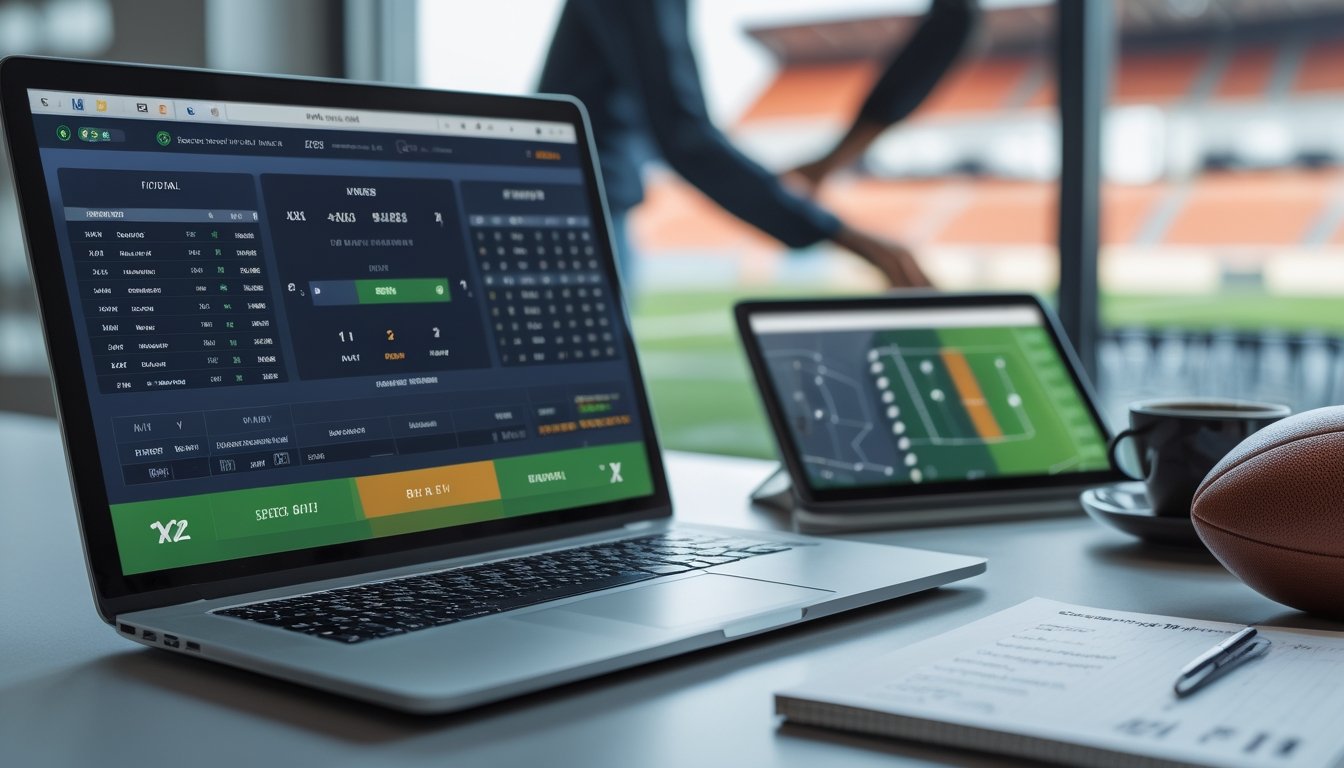 Seseorang sedang melihat layar laptop dengan tampilan taruhan sepak bola 1X2, di latar belakang stadion sepak bola dan alat analisis taruhan.