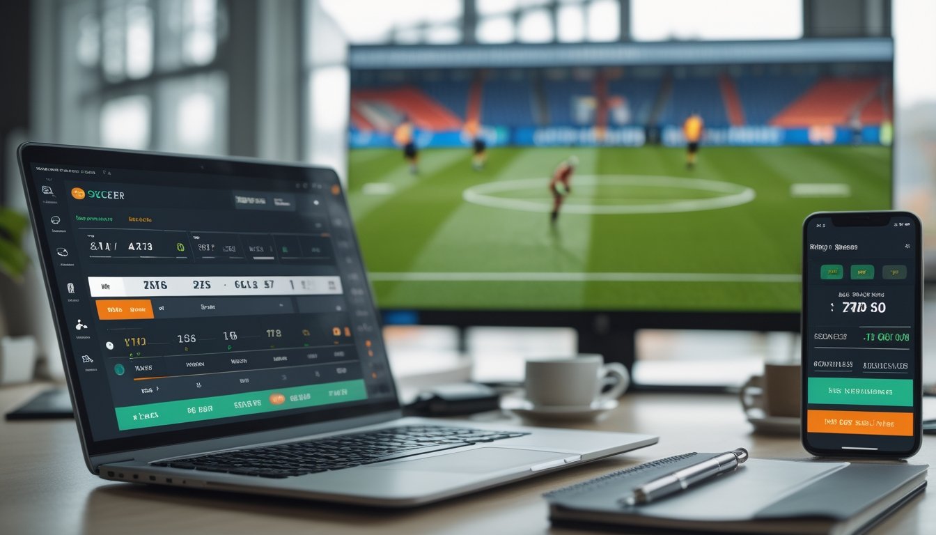 Seorang pria di depan laptop dan ponsel yang menampilkan taruhan sepak bola dengan pertandingan sepak bola yang sedang berlangsung di layar besar di latar belakang.