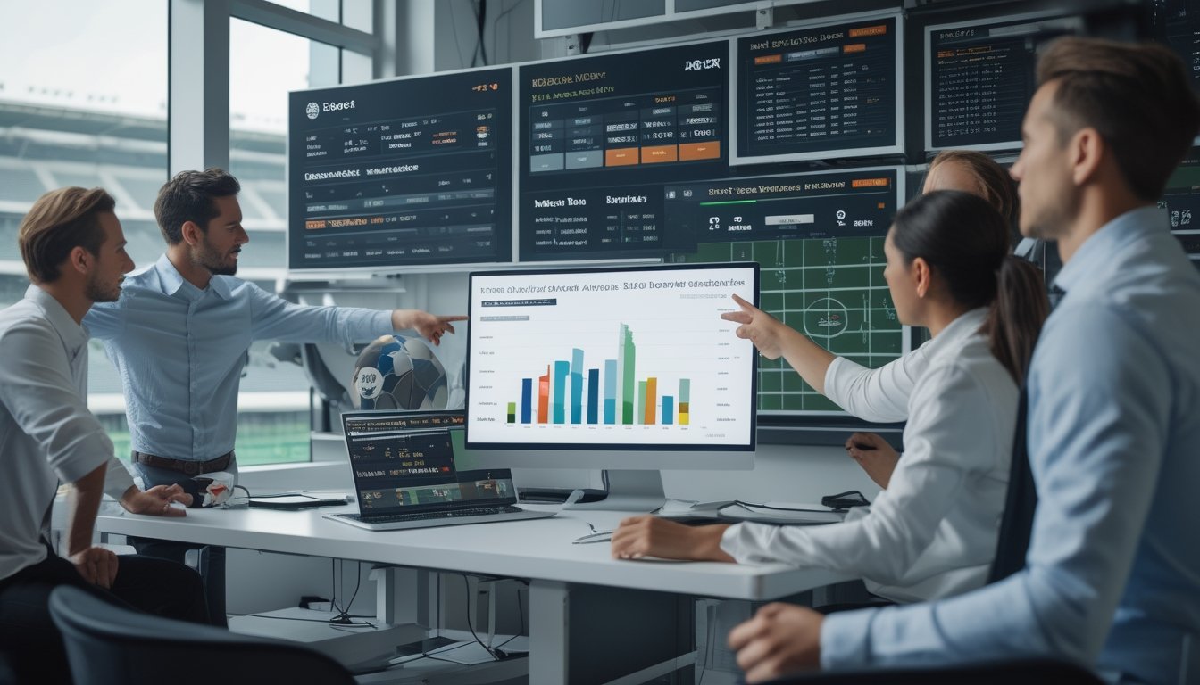 Sekelompok analis sedang membahas data pertandingan sepak bola Eropa di sebuah kantor modern dengan layar komputer besar yang menampilkan statistik dan peluang taruhan.