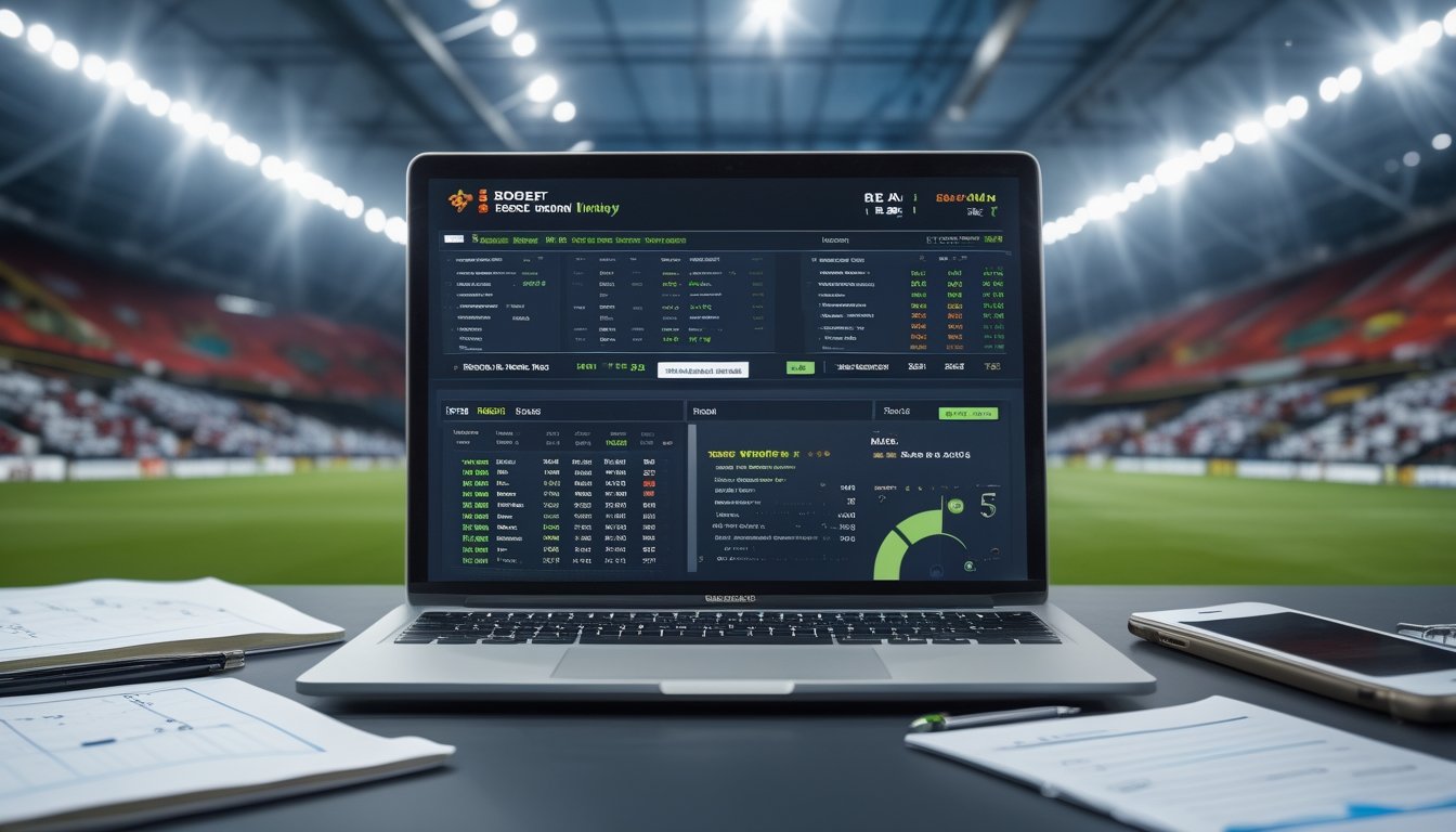 Seorang analis sepak bola sedang bekerja dengan laptop dan dokumen, latar belakang stadion sepak bola yang ramai.