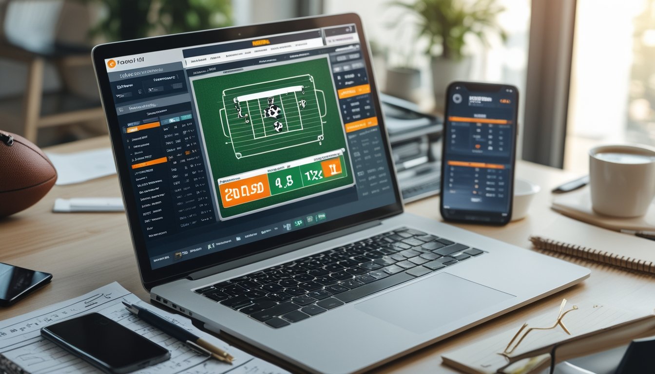 Seorang pria bekerja dengan laptop yang menampilkan situs taruhan sepak bola, dikelilingi bola sepak, ponsel, dan catatan di meja kerja.