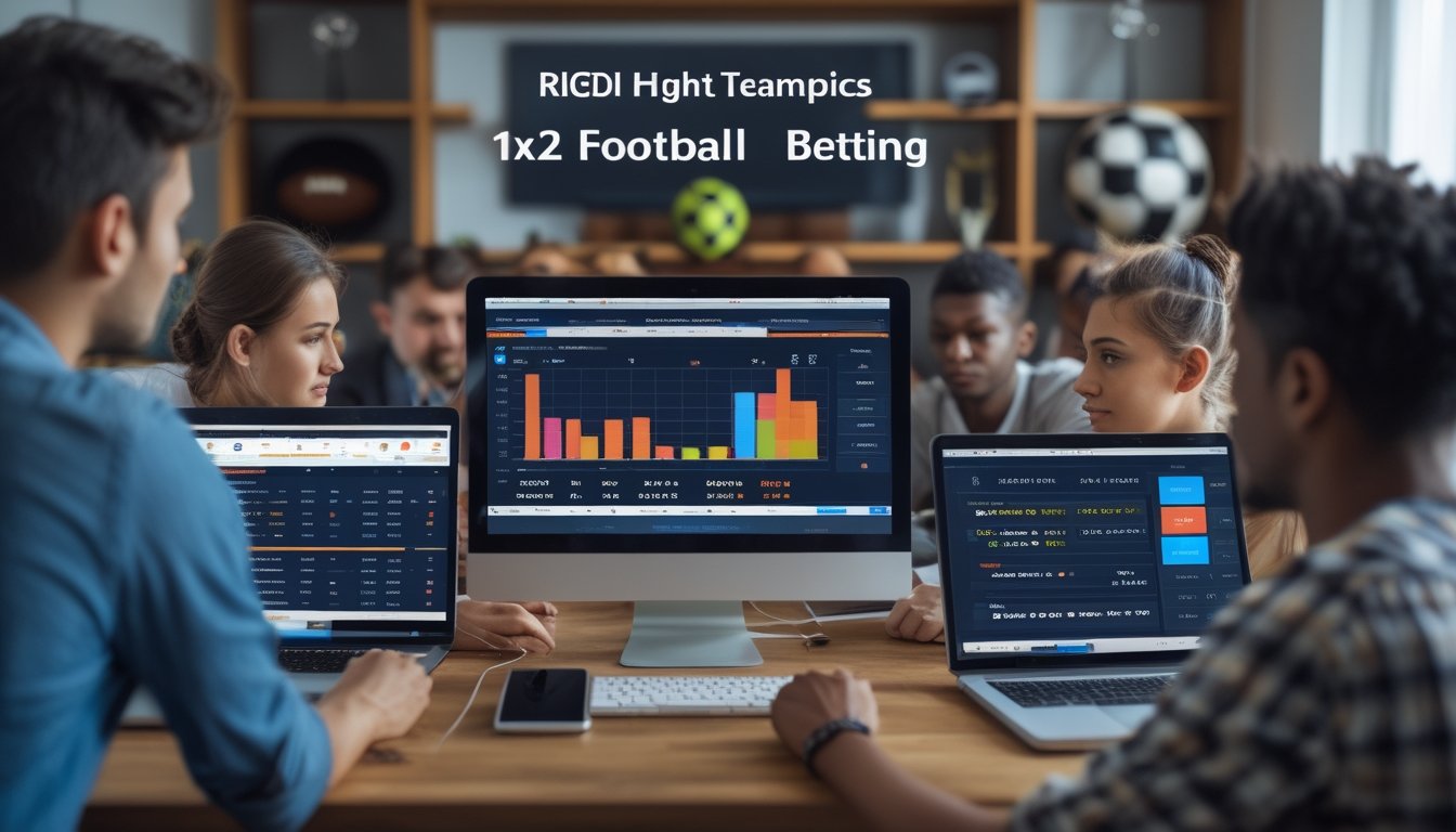 Sekelompok orang sedang menggunakan perangkat digital untuk menganalisis taruhan sepak bola secara online.