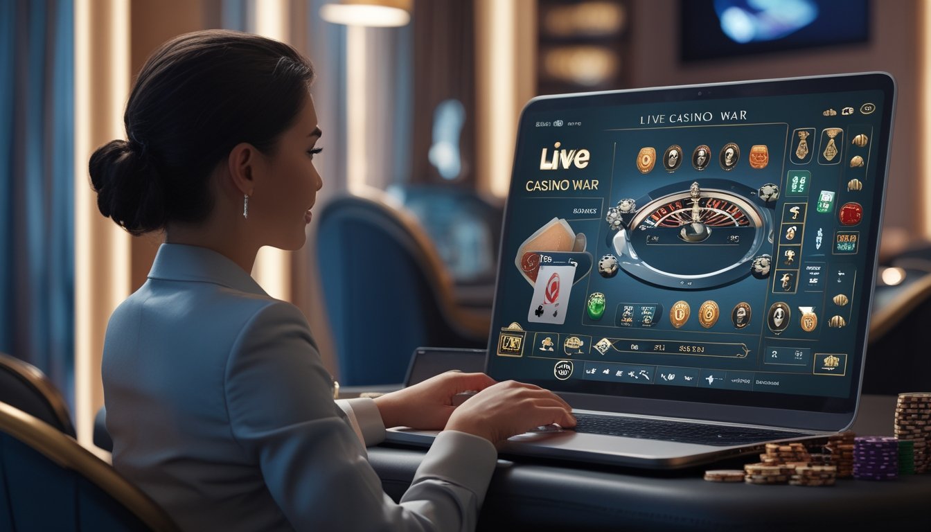 Seorang pemain muda duduk di depan laptop bermain permainan Live Casino War online dengan dealer langsung di layar.