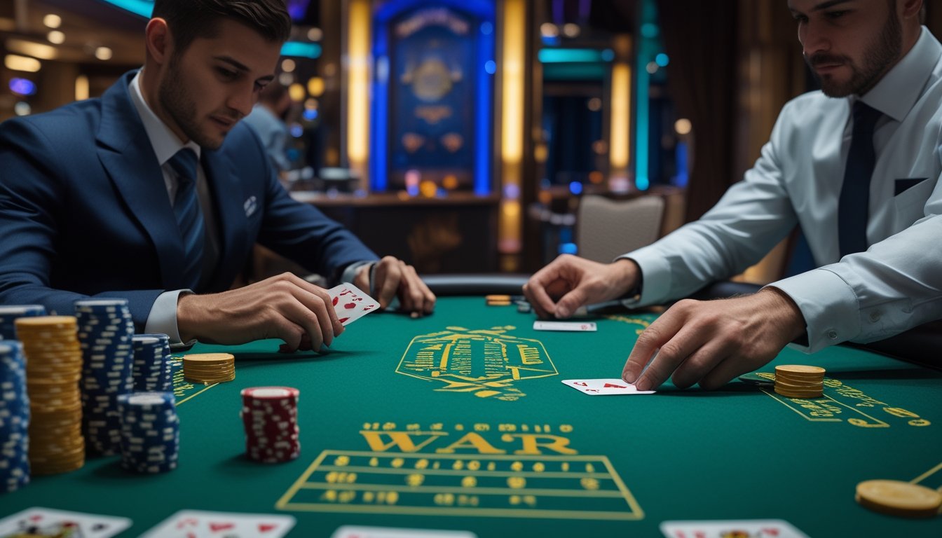 Dua pemain dan seorang dealer sedang bermain permainan casino War di meja kasino dengan suasana mewah.