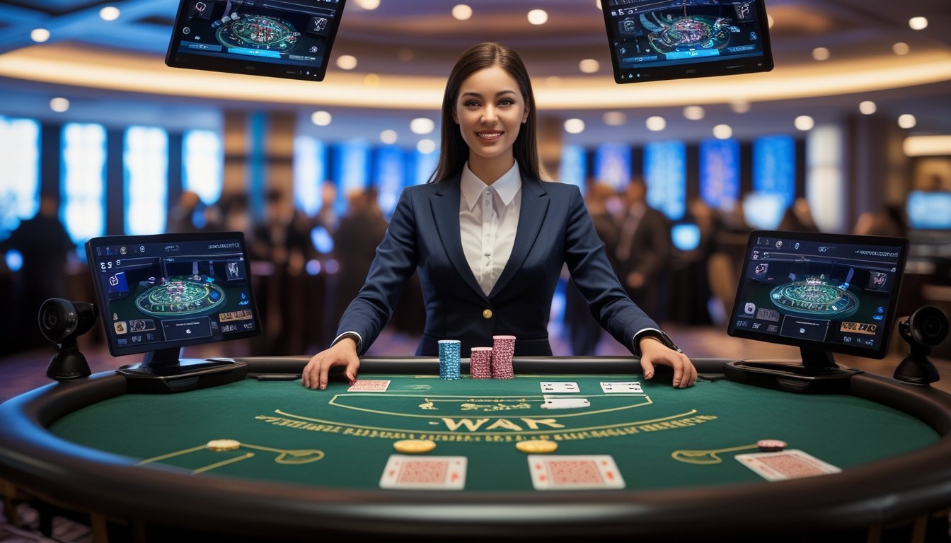 Seorang dealer wanita berdiri di meja kasino dengan kartu dan chip, dikelilingi kamera dan monitor, menyiarkan permainan kartu secara langsung di platform dealer terpercaya.