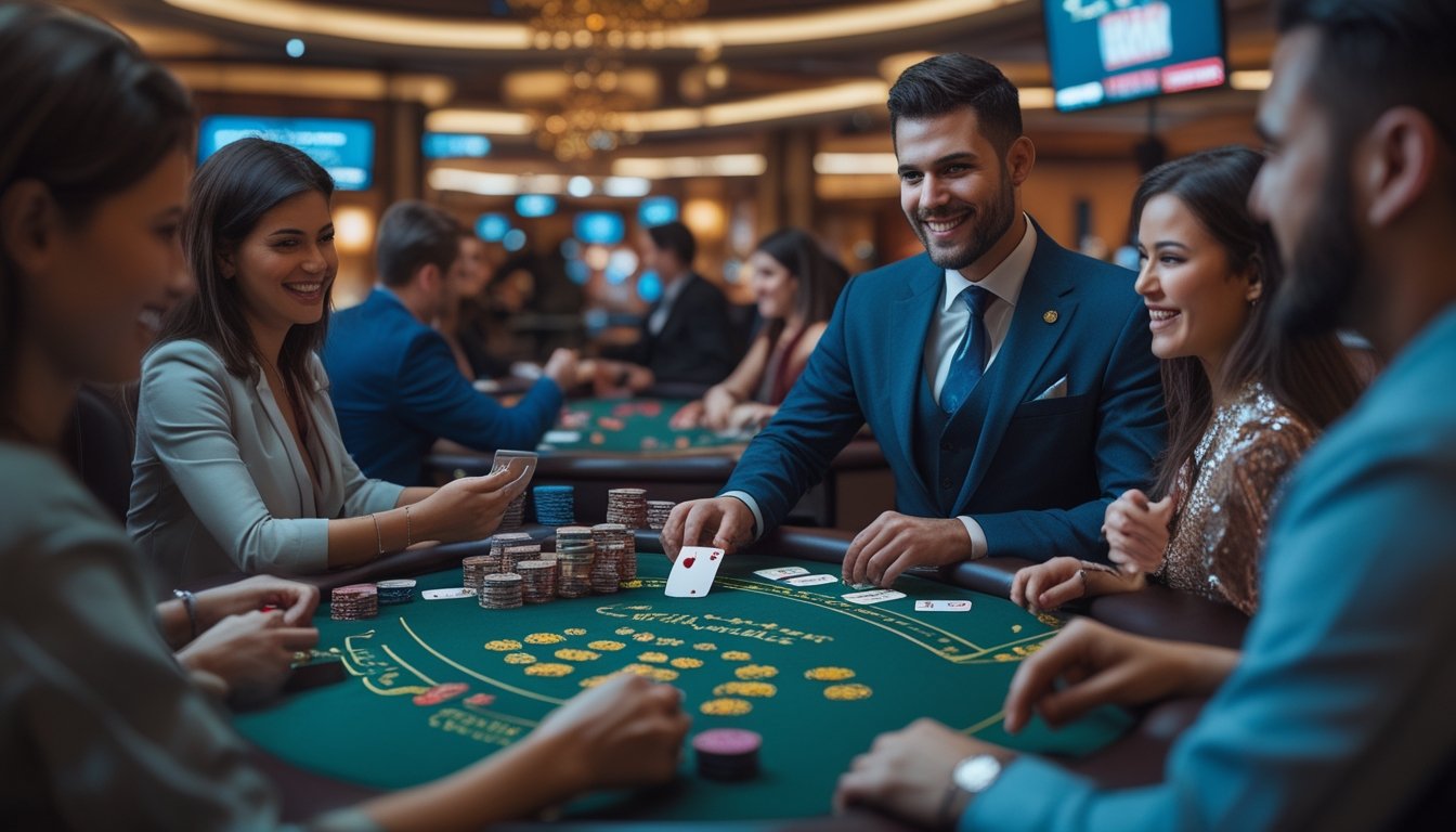 Seorang dealer kasino sedang membagikan kartu kepada pemain di meja permainan casino war dengan suasana kasino yang modern dan terang.