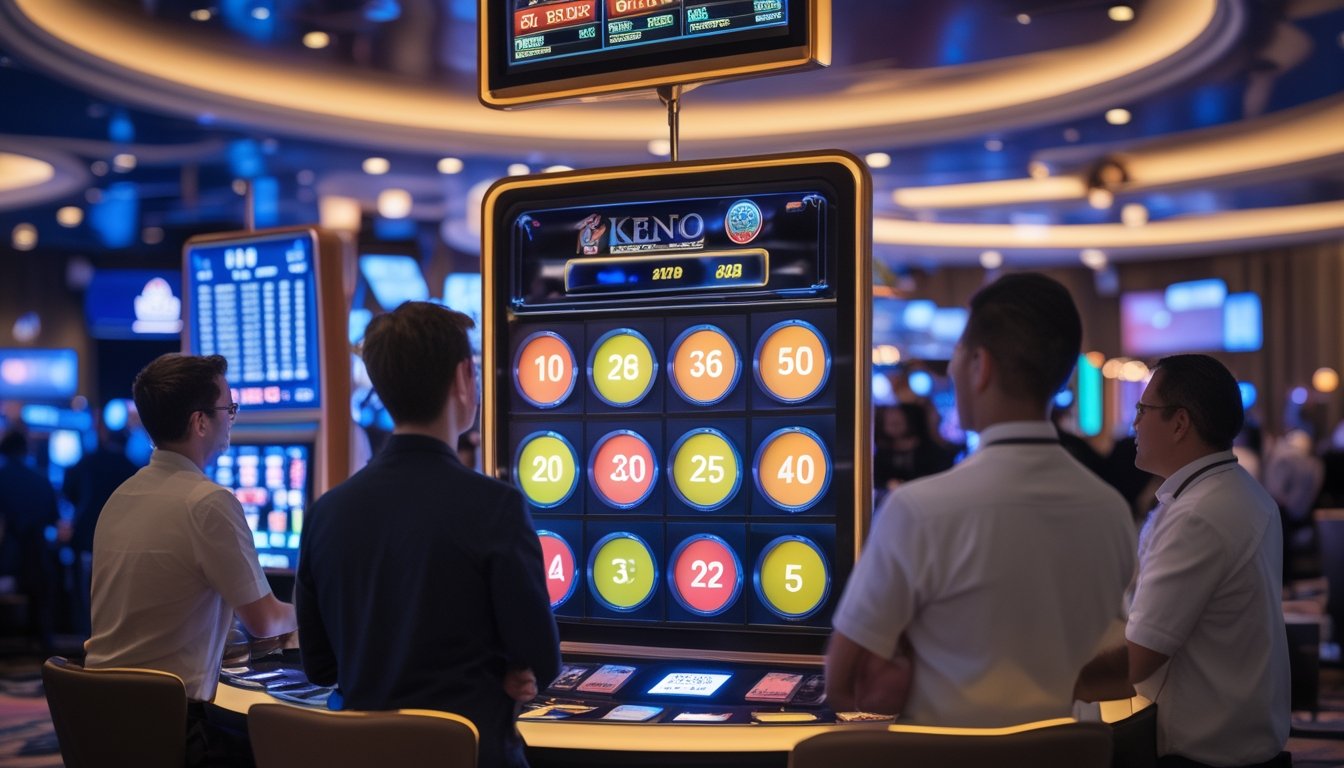 Suasana kasino modern dengan papan Keno digital yang menampilkan angka secara real-time dan pemain yang sedang memperhatikan permainan dengan antusias.