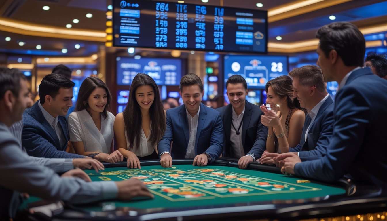Suasana kasino live dengan pemain dan dealer sedang bermain permainan Keno secara real-time di meja kasino modern.