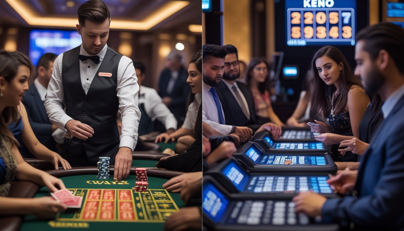 Suasana kasino langsung dengan pemain yang bermain Casino War di satu sisi dan Keno Live di sisi lain, menampilkan dealer dan pemain yang fokus pada permainan masing-masing.
