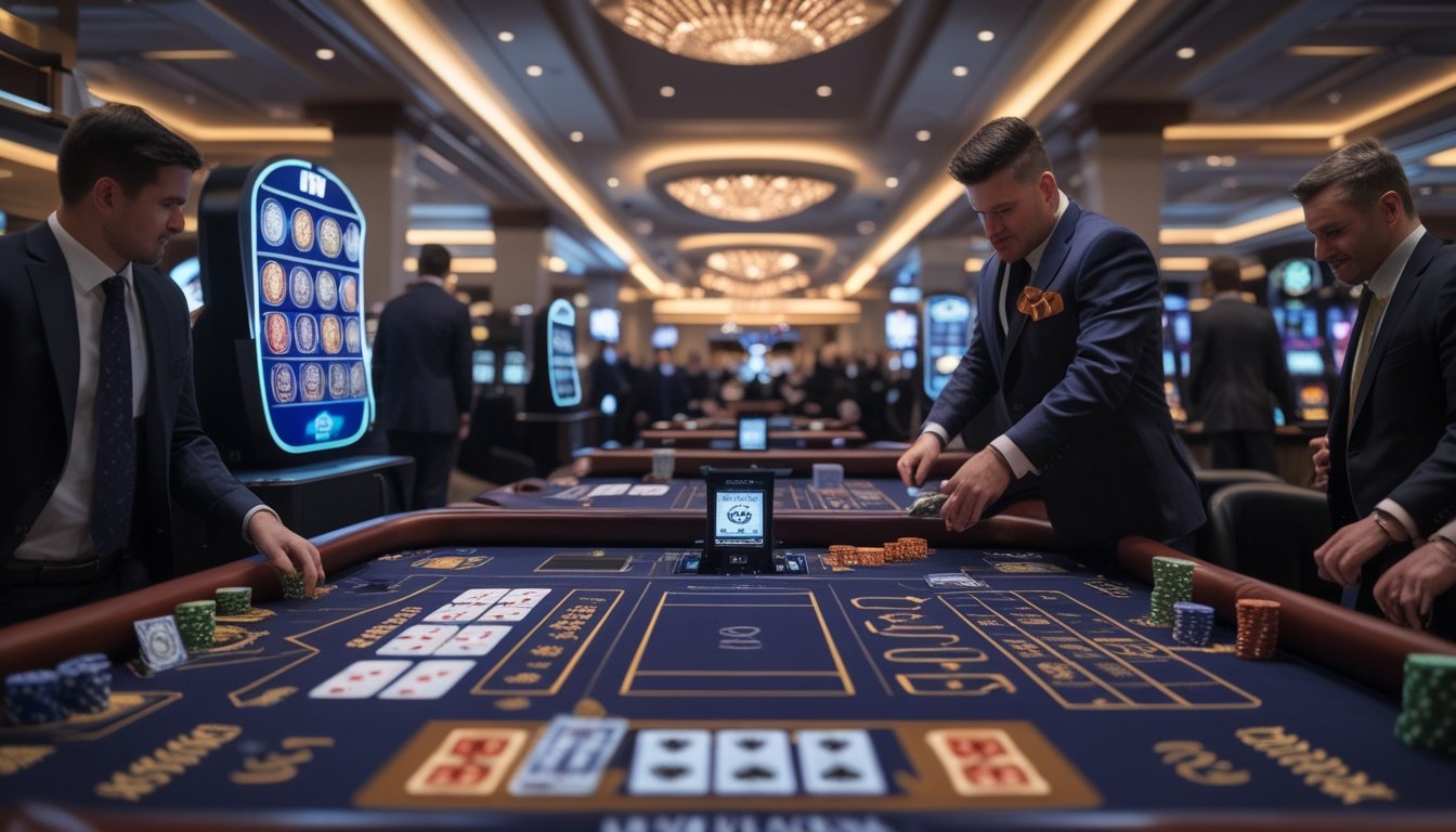 Suasana kasino langsung dengan meja permainan Casino War dan Keno Live, dealer melayani pemain, dan papan permainan digital terlihat.