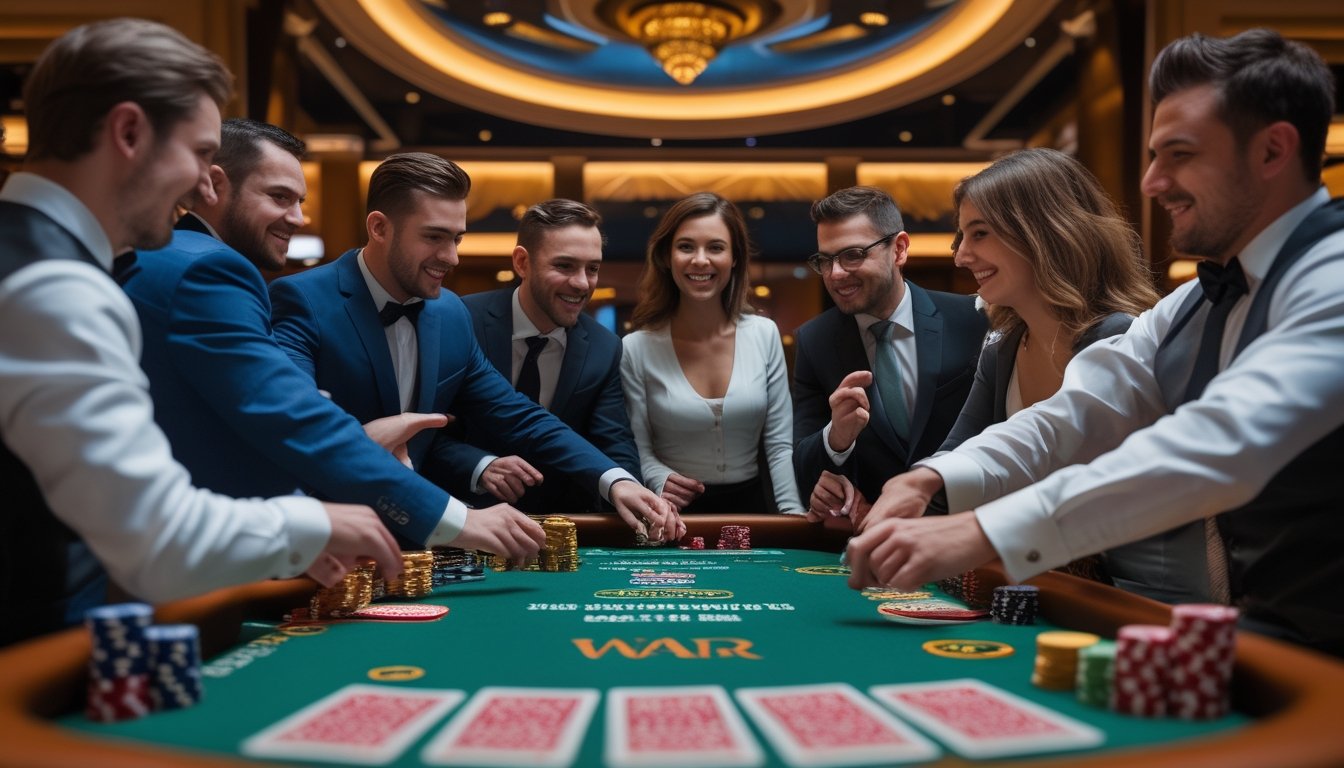Beberapa pemain dan dealer sedang bermain permainan kartu War di meja kasino dengan suasana yang ramai dan hangat.