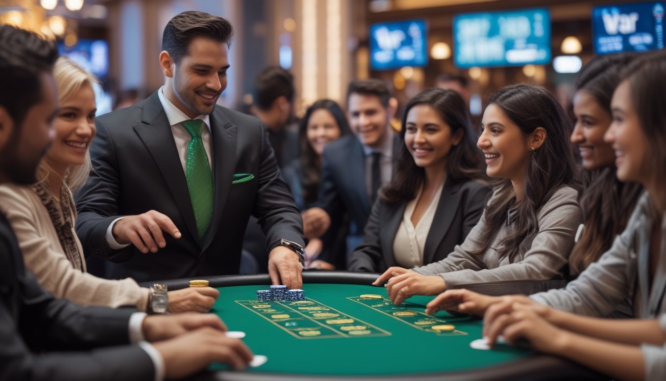 Seorang dealer dan pemain bermain permainan kartu di meja kasino dengan suasana yang hidup dan ramah.