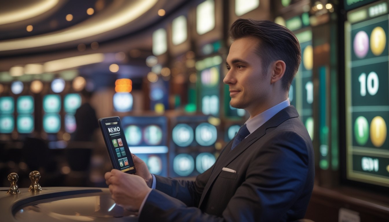 Seorang pemain yang percaya diri menggunakan tablet untuk bermain Keno live di dalam kasino yang terang dan modern.