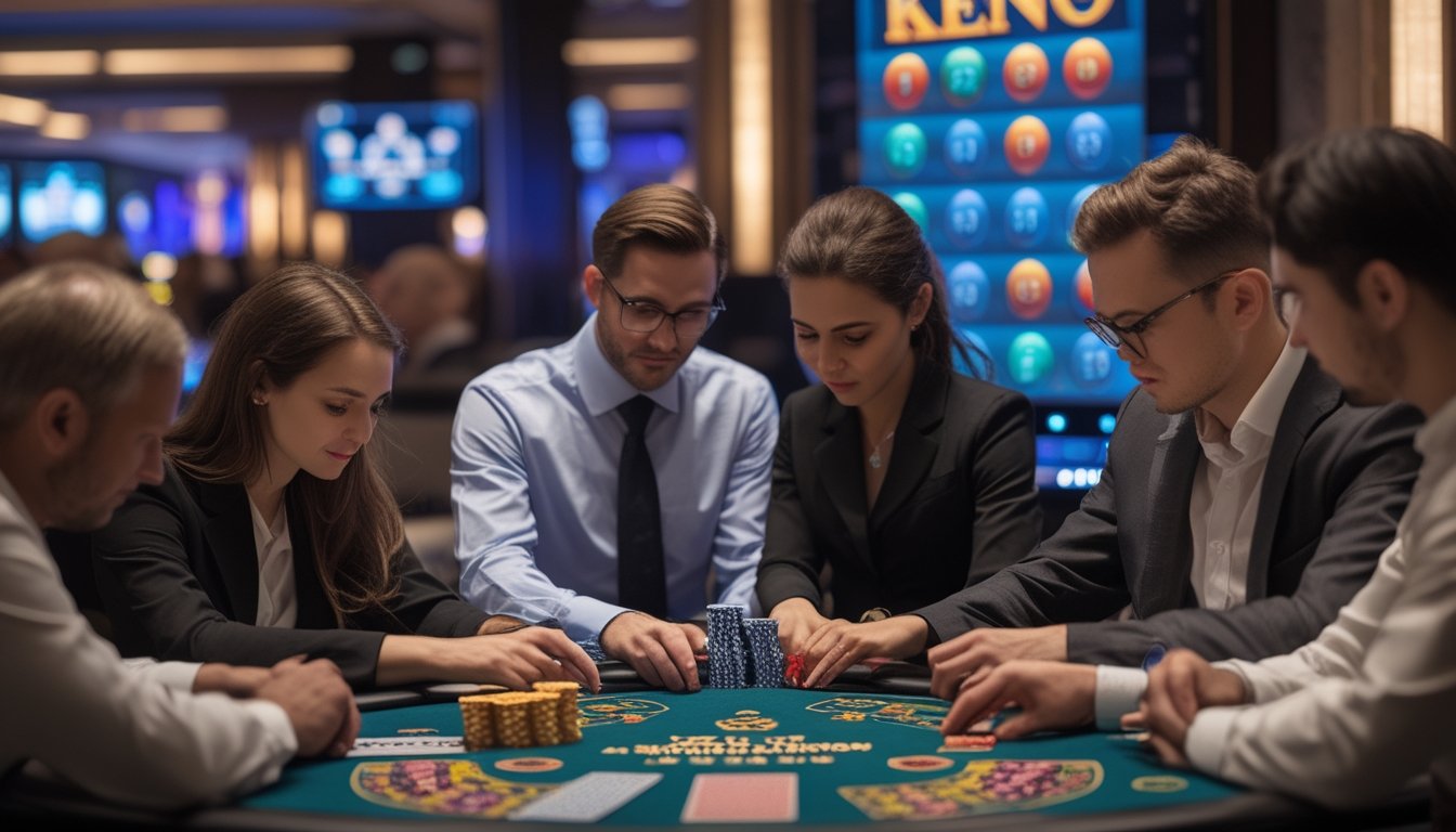 Meja kasino dengan kartu, chip, dan layar Keno digital, pemain fokus bermain di suasana kasino yang elegan.
