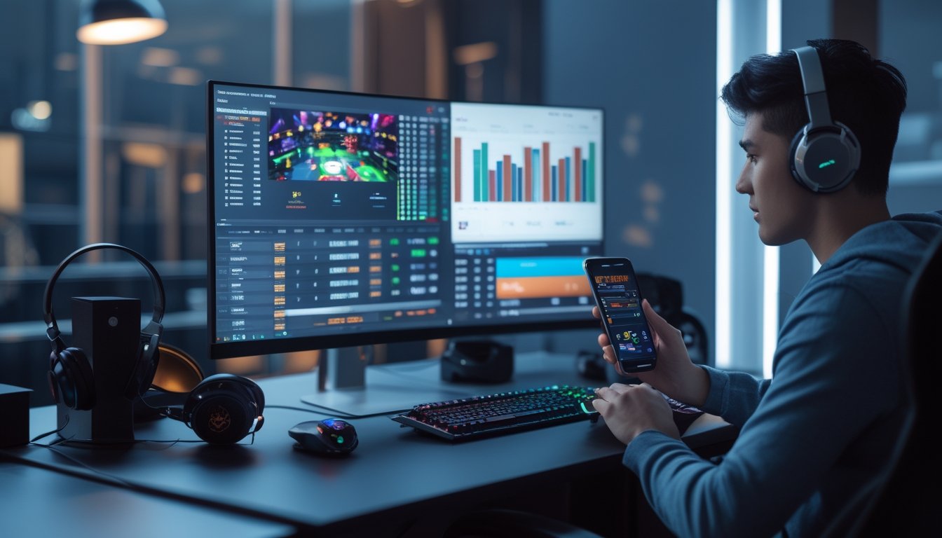 Seorang pria duduk di depan komputer dengan layar menampilkan permainan esports dan grafik statistik taruhan, di meja terdapat perangkat gaming dan lampu LED.