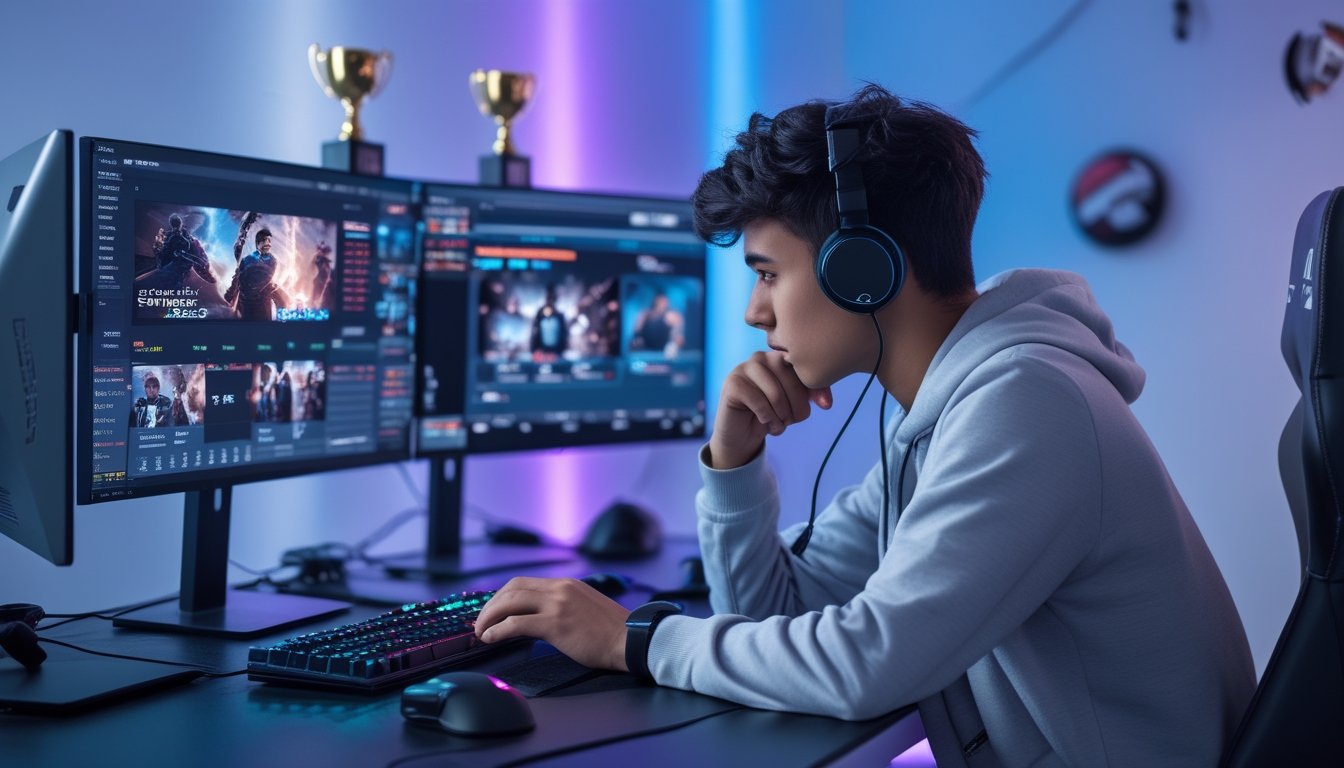 Seorang dewasa muda sedang duduk di meja dengan beberapa monitor komputer yang menampilkan permainan esports dan statistik taruhan, terlihat fokus menganalisis data dalam ruangan gaming yang modern.