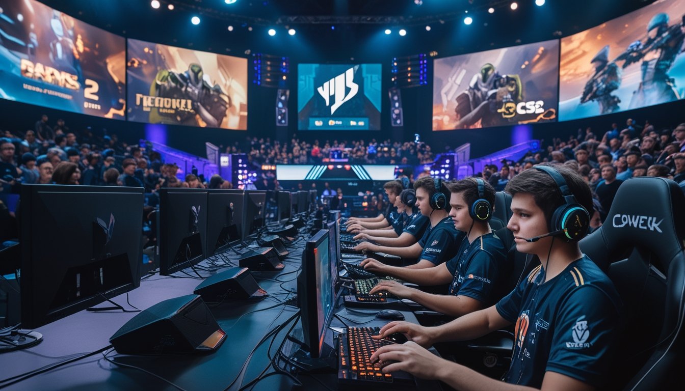 Para pemain esports profesional sedang bermain di turnamen Dota 2 dan CS2 dengan penonton menyaksikan di arena.