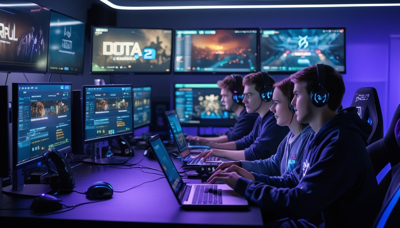 Sekelompok orang muda sedang menonton pertandingan Dota 2 dan CS2 di beberapa layar komputer sambil memasang taruhan judi esports di perangkat mereka.