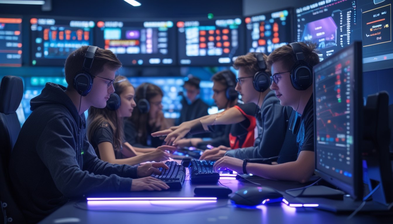 Sekelompok orang muda fokus melihat layar komputer menampilkan pertandingan esports dan data taruhan dalam ruangan berteknologi tinggi.