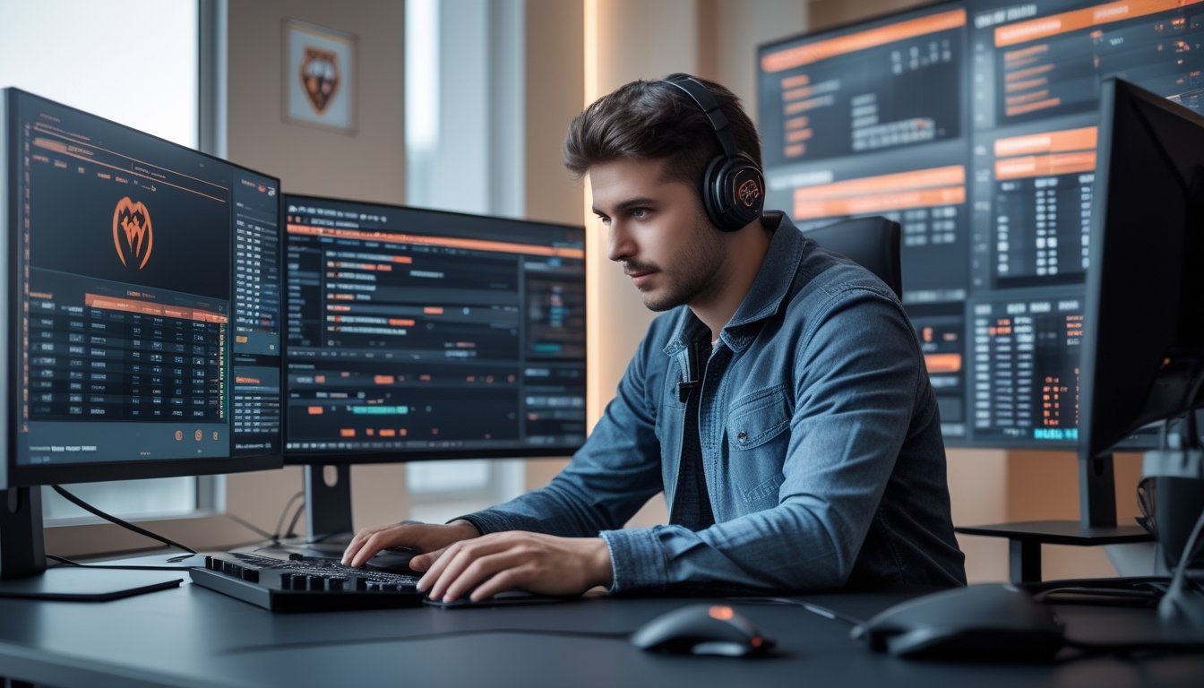 Seorang pria muda duduk di depan beberapa monitor komputer yang menampilkan statistik dan taruhan pertandingan esports profesional.