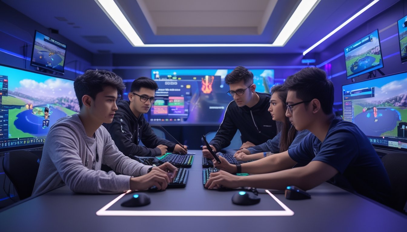 Sekelompok orang muda sedang berdiskusi serius di depan beberapa monitor yang menampilkan permainan Mobile Legends dan PUBG Mobile dalam ruangan gaming modern.