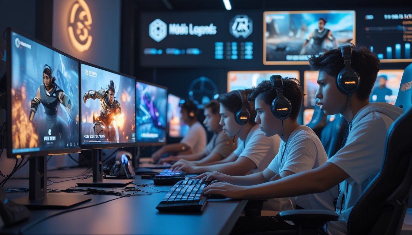 Sejumlah pemain esports muda sedang fokus bermain dan berdiskusi di depan beberapa monitor yang menampilkan permainan Mobile Legends dan PUBG Mobile dalam sebuah ruang gaming modern.