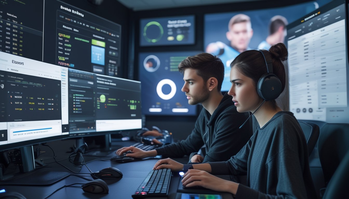 Dua orang muda sedang fokus menganalisis data taruhan esports di depan beberapa layar komputer dalam ruangan gaming yang terang.