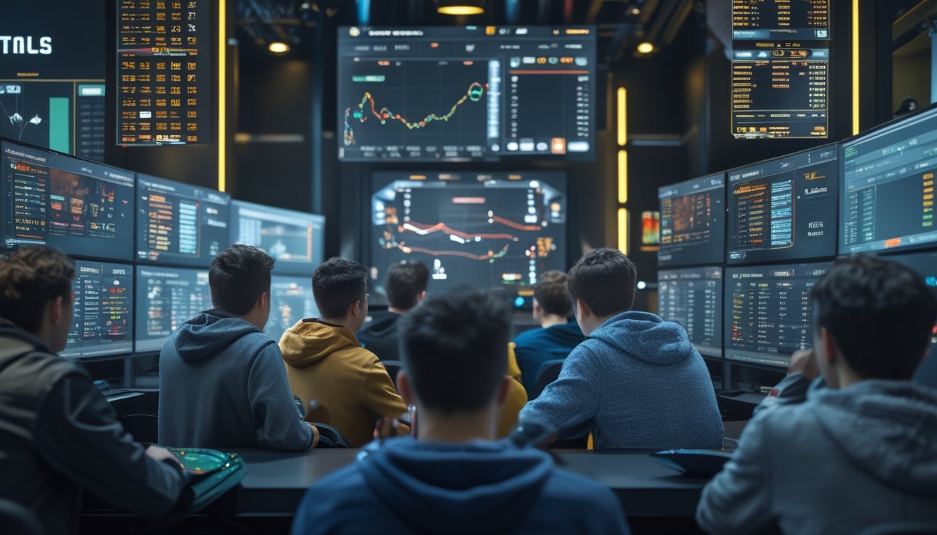 Sekelompok orang muda fokus melihat layar besar yang menampilkan pertandingan esports dan statistik taruhan dalam ruangan berteknologi tinggi.