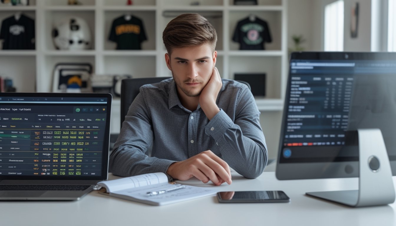 Seorang pria muda duduk di meja dengan laptop dan ponsel, mengelola keuangan terkait taruhan esports online di ruang kerja yang rapi.