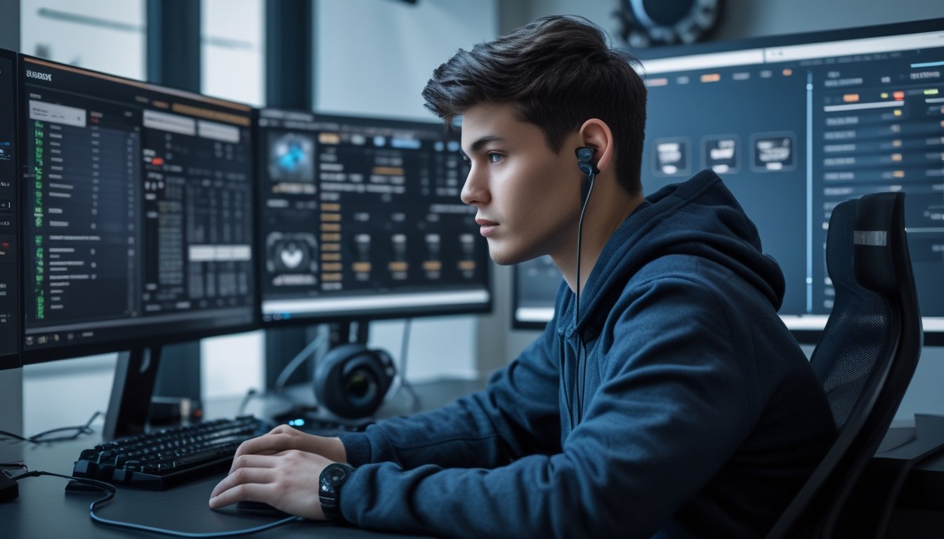 Seorang dewasa muda sedang duduk di meja dengan beberapa monitor komputer yang menampilkan pertandingan esports dan data taruhan, tampak fokus menganalisis informasi dalam ruangan kantor rumah yang terang.
